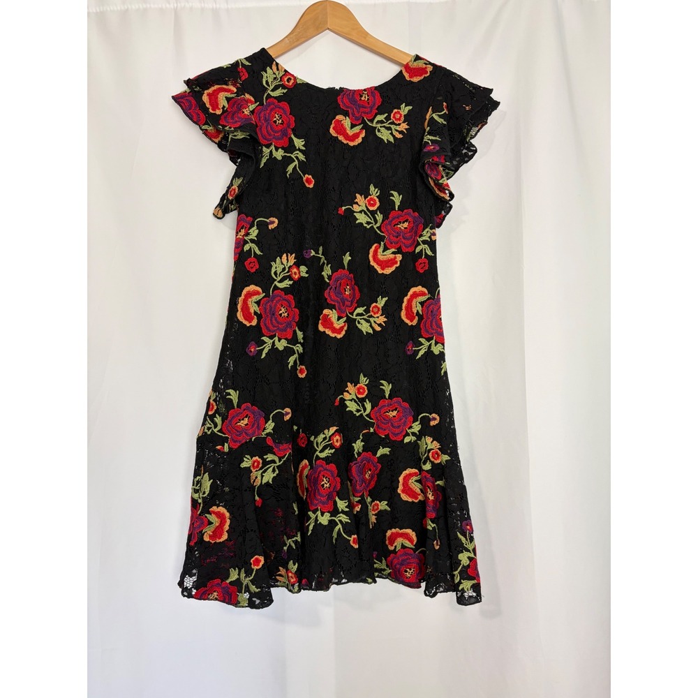 Eva Franco Anthropologie Black Embroidered Lace Flutter Sleeve Dress Size 8 Boho